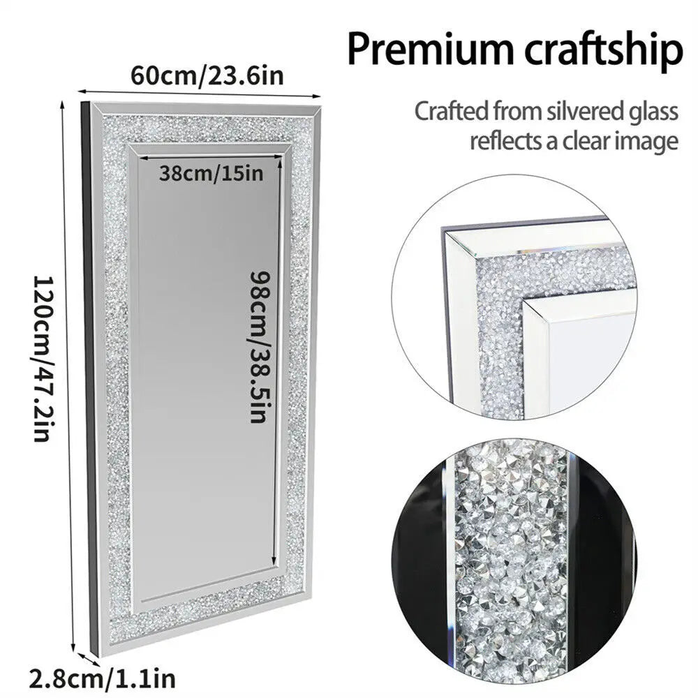 Large Rectangle Venetian Wall Mirror with Polished Crush Crystal Diamond Edge