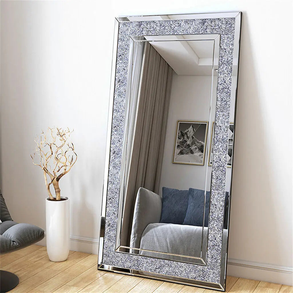 Large Rectangle Venetian Wall Mirror with Polished Crush Crystal Diamond Edge