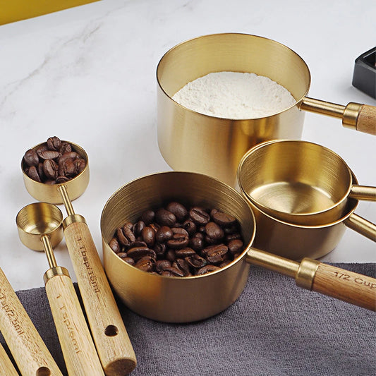 Wooden Gold Measuring Cups & Spoons Set - 4/8 Pieces