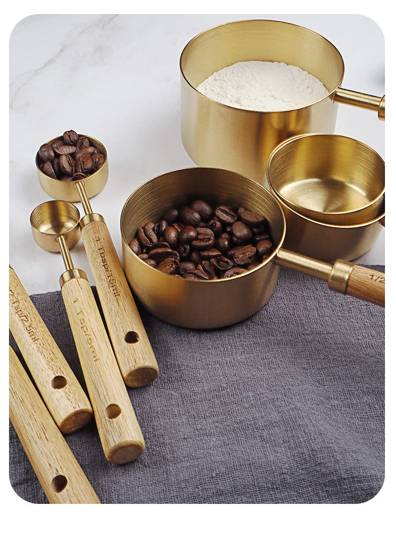 Wooden Gold Measuring Cups & Spoons Set - 4/8 Pieces