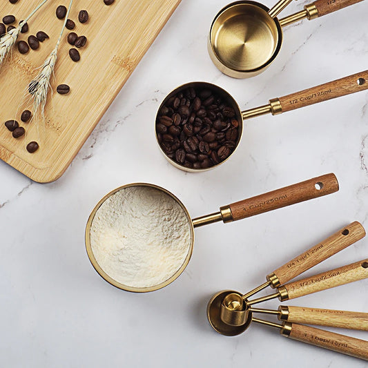 Wooden Gold Measuring Cups & Spoons Set - 4/8 Pieces