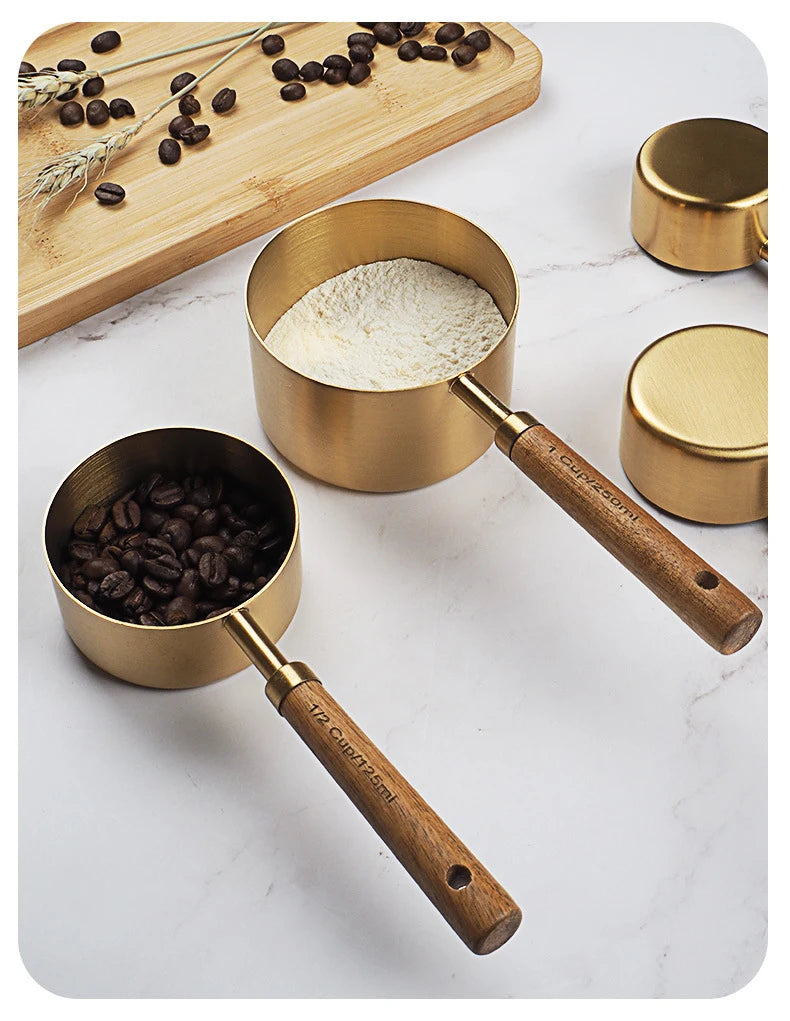 Wooden Gold Measuring Cups & Spoons Set - 4/8 Pieces
