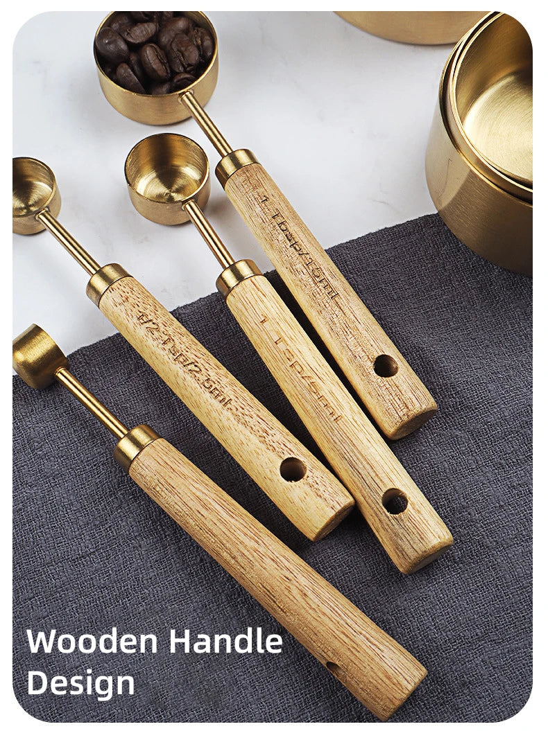 Wooden Gold Measuring Cups & Spoons Set - 4/8 Pieces
