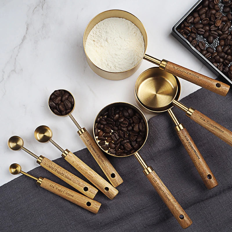 Wooden Gold Measuring Cups & Spoons Set - 4/8 Pieces