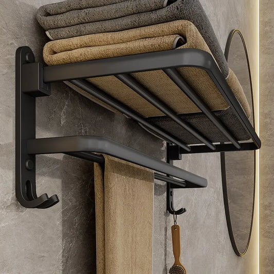 Folding Holder With Hook & Towel Holder  - Wall Mounted