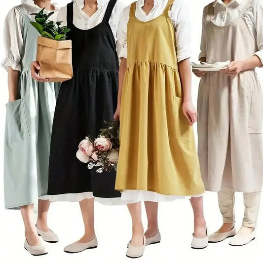 Grembiule in Lino da Donna con Tasche e Spalline Incrociate sul Retro